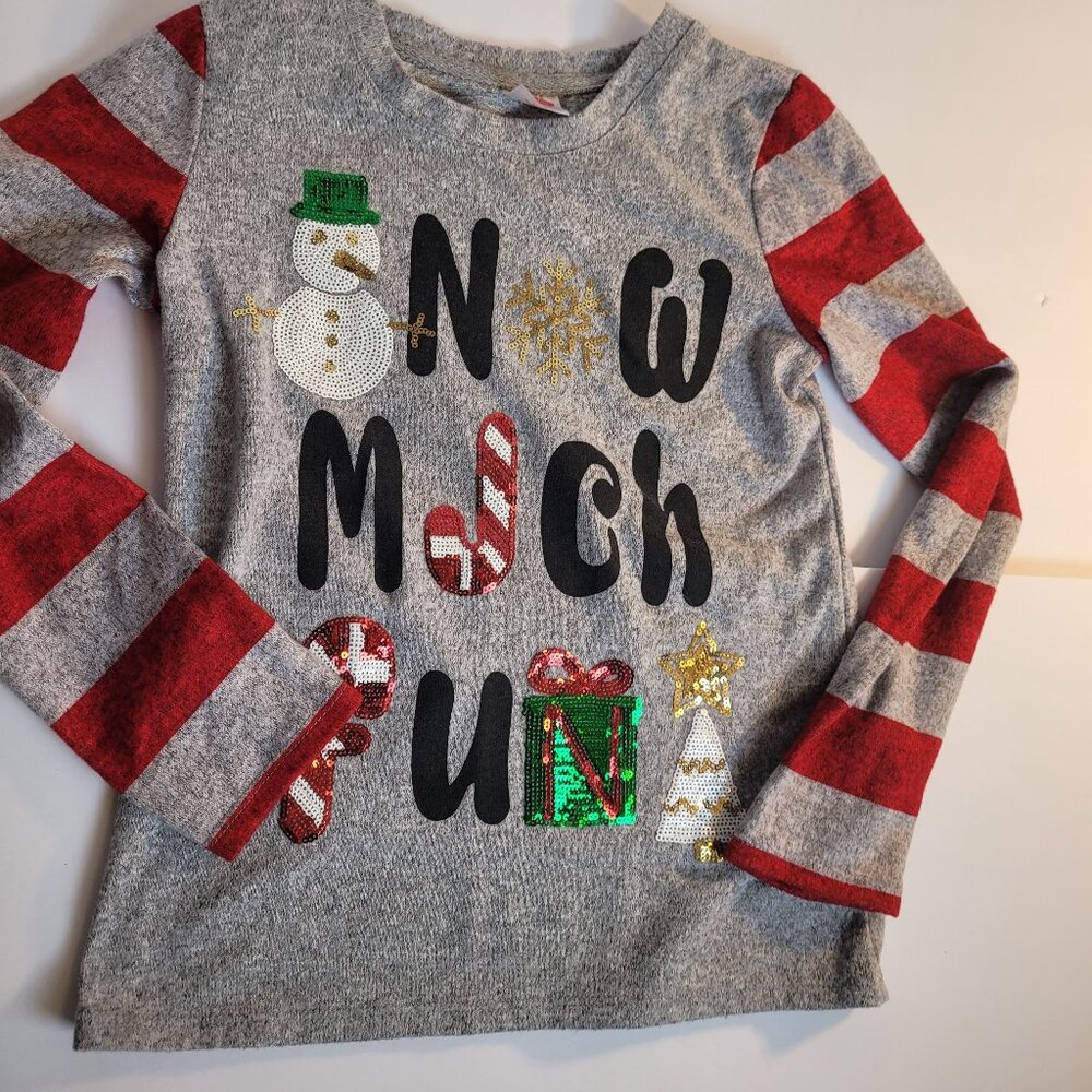 Kids Holiday Time Snow Much Fun Gray Red Stripes Sequin Snowman Christmas M(7-8)